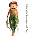Large 2.4m tall Halloween scarecrow outdoor decoration with green overalls and red hat. - Male Scarecrow with Pants / 2.4m