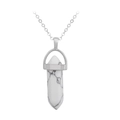 Macro detail of hexagonal white turquoise crystal point pendant on silver chain necklace - Howlite