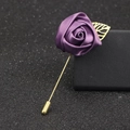 Elegant purple satin rose flower brooch pin with golden metal leaf for men and women - Bright Purple