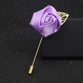 Handmade purple ribbon rose brooch with golden hollow leaves on a long metal pin - Violet