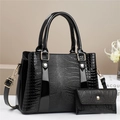 Women's black crocodile pattern handbag set with crossbody strap and gold hardware - Black