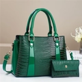 Deep green crocodile pattern tote bag set with matching wallet and adjustable strap - Green
