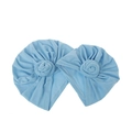 Detail of light blue baby turban hats with handmade knot flowers in soft knit fabric - Two-Piece Set / Sky Blue