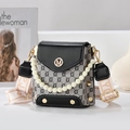 Fashionable crossbody square bag with vintage pattern, pearl chain and wide strap detail - Black (Style 2: Monogram)