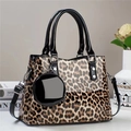 Chic leopard print handbag for women with black patent leather trim and round coin pouch - Khaki