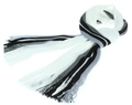 Close-up of thick knitted men's scarf with black, white and grey stripes and tassels - Wide Version / White