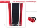 Detail view of thickened black knit scarf with red stripes, fringe and 170g weight label - 170g Pack / Red Edge
