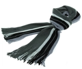 Close-up of thick knitted striped scarf for men featuring grey and black fringe tassels - Wide Version / Medium Grey