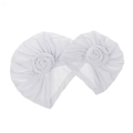 Close-up of two white baby turban hats with large soft fabric flower knot details - Two-Piece Set / White