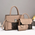 3-piece khaki handbag set with crocodile texture accents and floral metal twist lock - Khaki