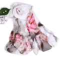 Elegant long silk scarf in white featuring large pink peony floral prints and art ink - Ink Lotus Khaki