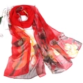 Long silk-feel scarf in vibrant red with elegant ink-style floral patterns for women - Ink Lotus Red