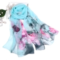 Light blue floral long silk scarf with ink lotus print and soft draped texture - Ink Lotus Lake Blue
