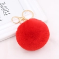 Plush red faux rabbit fur pompom keychain with golden metal ring and lobster clasp - Red