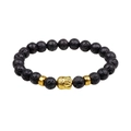 8mm black lava stone bead bracelet featuring a golden Buddha head charm on white background - Lava Stone