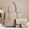 Détails de l'ensemble de trois sacs beige avec texture cannage et ornements métalliques - Abricot