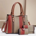 Detailed set of three striped handbags including tote, long wallet, and small card pouch - Khaki & Red