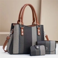 3-piece striped tote bag set with faux leather straps and silver hardware detail - Black