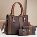 Ensemble de 3 sacs à main pour femme avec cabas rayé, portefeuille et pochette marron - café