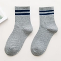 Graue Baumwollsocken mit dunkelblauen Doppelstreifen auf hochwertigem Leinenhintergrund - Einheitsgröße / Grau