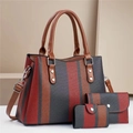 Three-piece striped canvas handbag set with tote, wallet and pouch in a vertical pattern - Black with Red