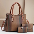 Three-piece brown canvas tote bag set with contrast stripes and leather handles - Brown