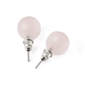 Macro view of 10mm round pink quartz stone stud earrings with silver metal backings - Rose Quartz