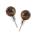 Classic 10mm tiger eye natural stone ball stud earrings with polished silver base - Tiger's Eye