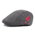 Dark grey wool blend beret with detailed red rose embroidery in a side view profile - Adjustable / Light Gray
