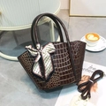 Dark brown faux crocodile tote bag with decorative silk scarf and adjustable strap - Dark Brown