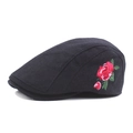 Classic black ivy cap with elegant red rose embroidery and thick felt texture for winter - Adjustable / Navy Blue