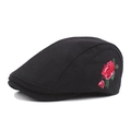 Black wool beret cap with red rose embroidery in a retro vintage fall winter style - Adjustable / Black