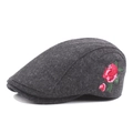 Dark grey wool blend newsboy hat with elegant red rose embroidery for women - Adjustable / Dark Gray