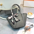 Detail of grey crocodile texture tote bag with printed silk scarf and leather strap - Gray
