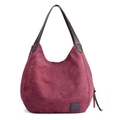 Deep wine red canvas shoulder bag with premium brown leather handles and hobo design - Purple and Coffee