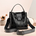 Chic black patent leather bucket bag with quilted patterns and a wide woven shoulder strap - Diamond Quilted Style (款式一)