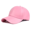 Side view of pink PU leather baseball cap with six-panel stitching and curved brim - Adjustable / Pink