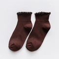 Dark brown cotton ankle socks with frilly ruffle edges and vertical ribbed texture - Coffee