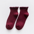 Wine red cotton ankle socks for women featuring elegant ruffled edges and breathable fabric - Burgundy