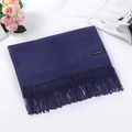 Navy blue faux cashmere scarf with fringe and label on a clean aesthetic background - Navy Blue