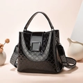 Glossy black patent leather bucket bag with diamond quilting and wide woven strap - Lattice Floral Style (Style 3)