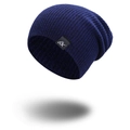 Classic deep blue ribbed knit beanie hat with crown logo for outdoor winter warmth - Navy Blue