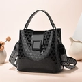Glossy black patent leather bucket bag with geometric texture and striped strap - Geometric Triangle Style (Style 4)