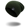 Outdoor striped knit beanie in dark green with woven logo label for autumn winter - Army Green
