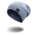 Close-up of light gray knit beanie with black AK crown logo label on white background - Light Gray