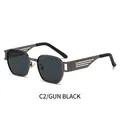 Punk rectangular gunmetal frame sunglasses with grey lenses and hollowed temple detail - Gunmetal Frame Black Grey Lens