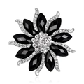 Elegant floral brooch with black faceted gems and sparkling crystals on silver base - Vintage Black Gemstone Flower (B025-A)