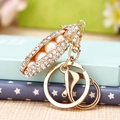 Elegant gold-tone pea pod keychain with faux pearls and sparkling rhinestones - Single OPP Bag Packaging / Rhinestone Pea Pod