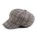 Béret octogonal à carreaux vintage en tweed marron et bleu pour femmes - Env. 58cm / Gris Bleu Plaid