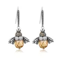 S925 sterling silver bee earrings with amber crystal and vintage oxidized details - Bee Earrings (SCE149)